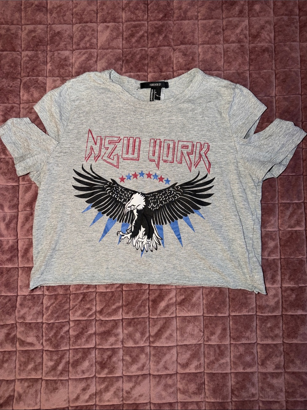 Grey "New York" Eagle Graphic Crop Top Size Small